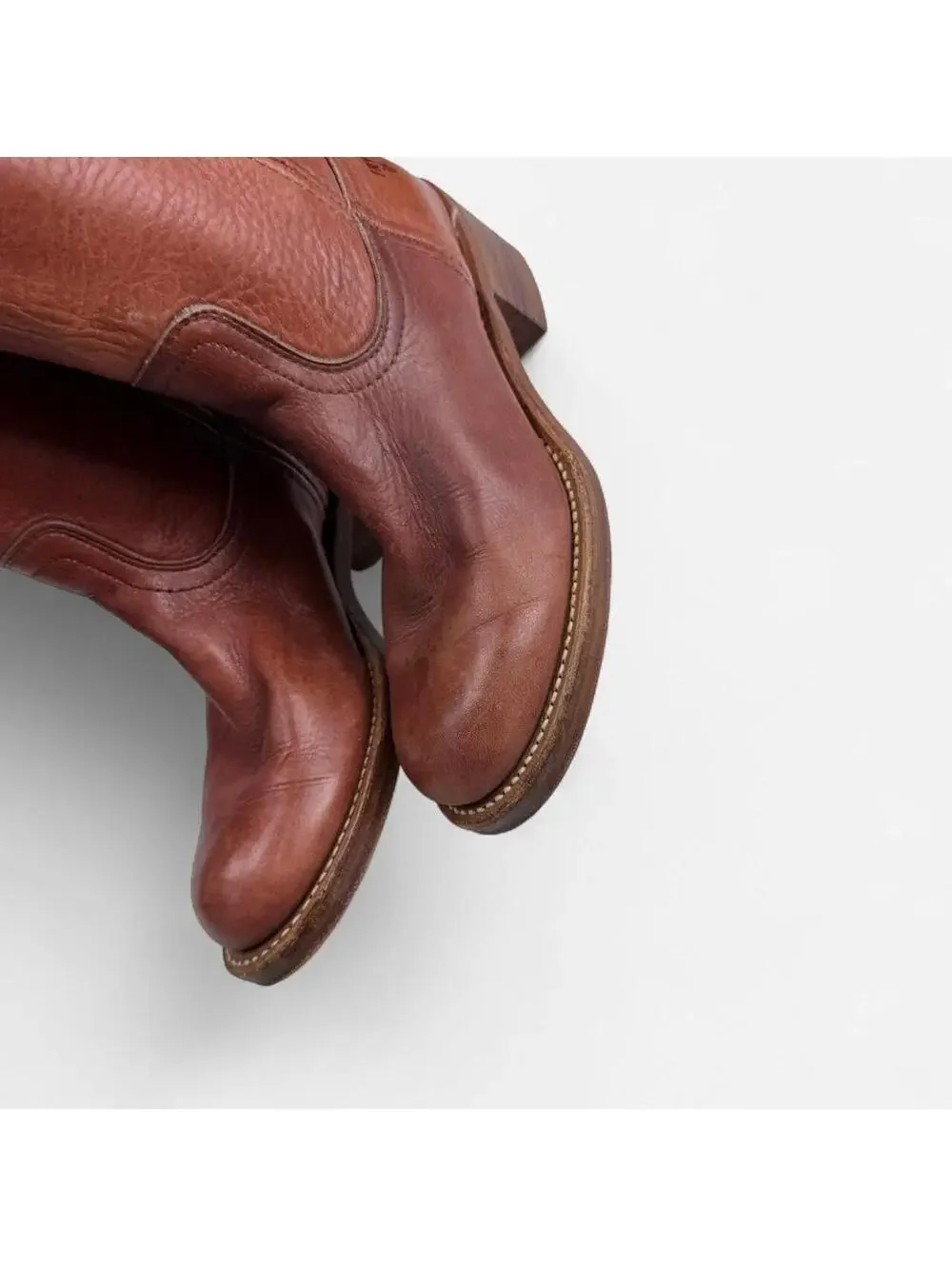 Frye 70s Campus Boots Tall Leather Stacked Heel in Cognac Brown